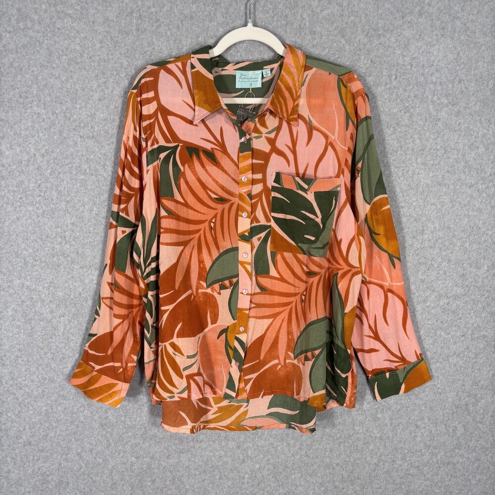 True‎ Destinations Shirt Large Green Cover Up Thin Tunic Palm Leaf Resort Cruise